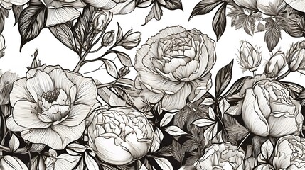 Vintage black and white floral pattern | Ink drawing style floral design | Classic and sophisticated mood | For high resolution wallpaper, print, wrapping paper design | Elegant seamless pattern