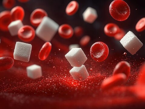 Diabetes Concept Blood Cells and Sugar Cubes in Dark Liquid Environment