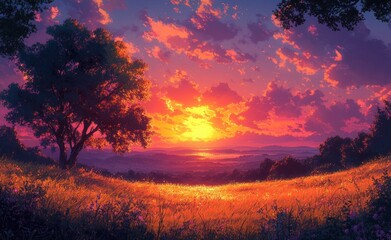 Fototapeta premium Sunset Countryside Landscape with Trees and Golden Grass in Anime Style
