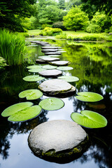Peaceful stone path through serene water garden