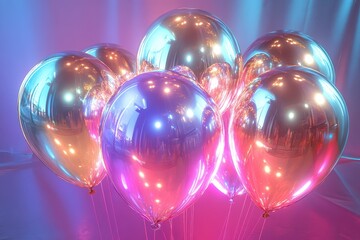 A group of shiny, reflective balloons in various colors floats together under bright, vibrant lights, creating a joyful atmosphere perfect for a celebration