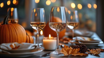 Cozy Autumn Dinner Table Decor with Pumpkins Candles and Wine Glasses for Thanksgiving