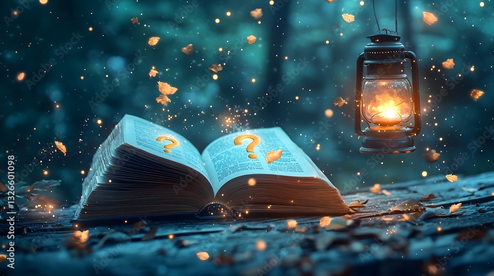 Poster exploring the mysteries of knowledge an open book with glowing question marks ancient philosophers d