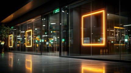 Modern Cityscape Night  Illuminated Neon Signs  Glass Facade  Urban Architecture