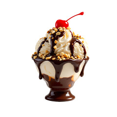 Classic hot fudge sundae with vanilla ice cream scoops, cascading chocolate sauce, whipped cream, chopped nuts, and maraschino cherry, high-resolution food photography