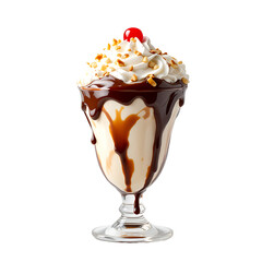 Classic hot fudge sundae with vanilla ice cream scoops, cascading chocolate sauce, whipped cream, chopped nuts, and maraschino cherry, high-resolution food photography