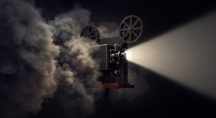 Fototapeta premium Dramatic Film Projector in Smoke - A vintage film projector emits a beam of light through swirling smoke, symbolizing nostalgia, mystery, cinematic art, storytelling, and the magic of movies