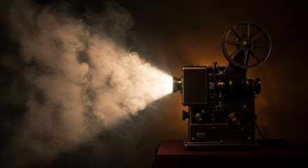 Fototapeta premium Dramatic Film Projector Smoke Illustration - Vintage film projector, emitting light and smoke, symbolizing nostalgia, cinema, storytelling, memory, and dreams