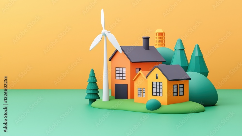 Poster automated efficiency workflow monitoring concept. colorful model house with wind turbine and trees o