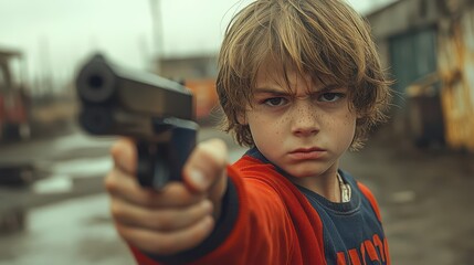 In a dimly lit urban setting, a young boy aims a toy gun with a focused look. The overcast sky enhances the tension of the moment, highlighting his serious demeanor