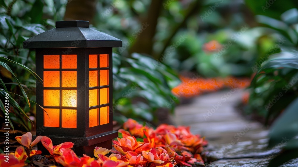 Poster glowing lantern surrounded by colorful petals in a serene garden setting with lush greenery and soft