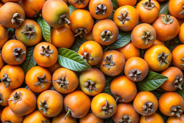 A close-up of ripe medlar fruits with their characteristic orange-brown skin and green leaves, perfect for showcasing fresh tropical produce.