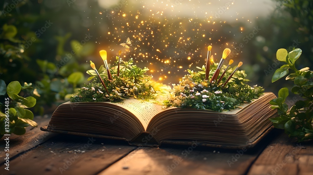 Aufkleber mesmerizing image of an open book with levitating paintbrushes creating breathtaking paintings of fa