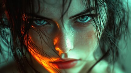Fototapeta premium A young woman with wet hair stares intensely into the camera. Her striking blue eyes are highlighted by contrasting orange and teal lighting, creating a captivating atmosphere