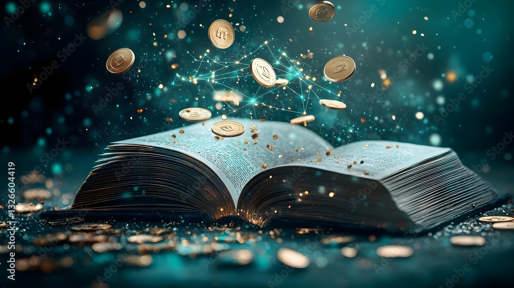 Poster magical tome of mystical finance an open book with captivating golden coins floating above mystical 