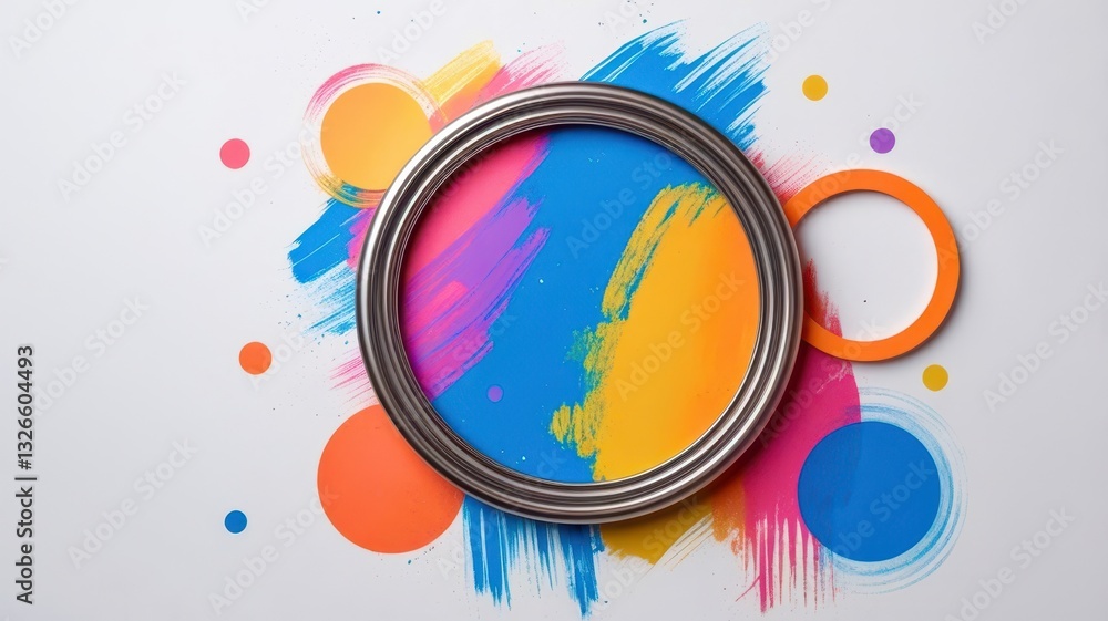 Poster a colorful painting with a silver frame and a blue circle in the middle