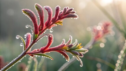 Micro petals background Close-up of dew-covered red flowers in soft morning light. Abstract micro flower.