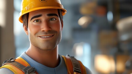 A construction worker with a friendly smile stands at a busy construction site wearing a hard hat and safety gear. He appears to be engaged and approachable, surrounded by ongoing work