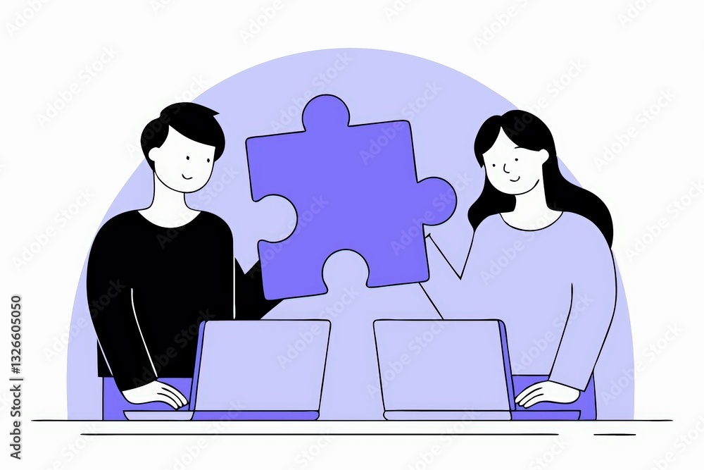 Poster two individuals collaborating with laptops, holding a large puzzle piece, symbolizing teamwork and p
