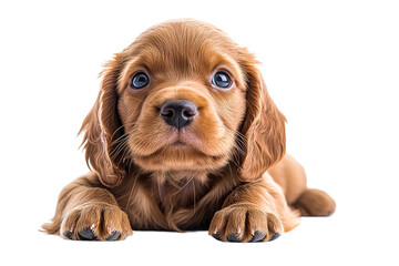 Cute puppy with big eyes lying on transparent surface