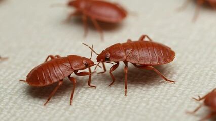 A detailed close-up image of bed bugs crawling on fabric.