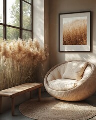 modern interior design mockup in Scandinavian living room with cozy armchair and wooden bench