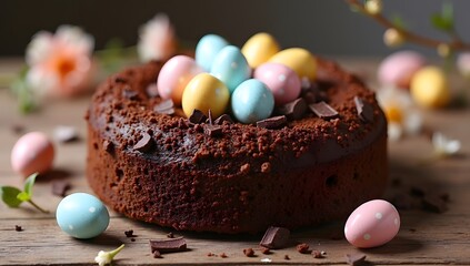 A decadent chocolate nest cake with festive details. AI-Generated.	