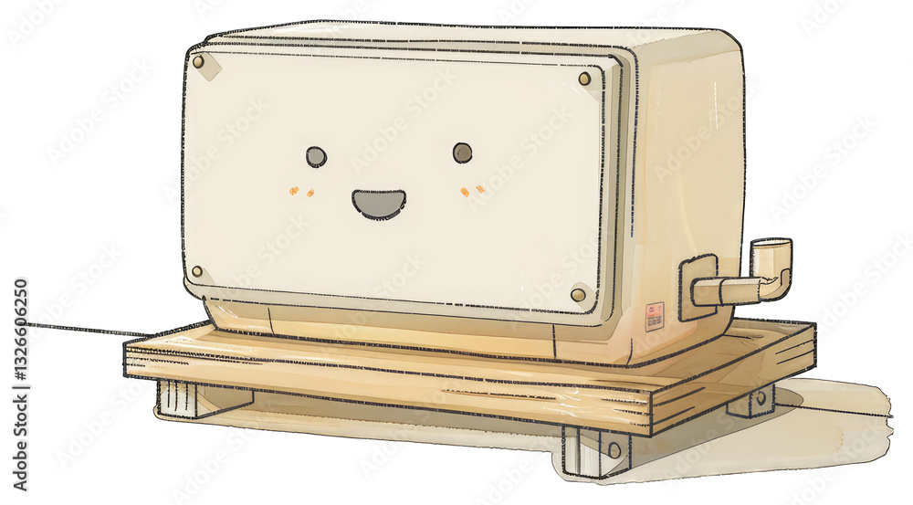 Poster a smiling rectangular object on a simple wooden platform