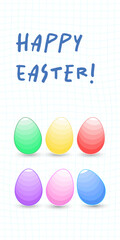 Colorful eggs on a checkered background with the words happy easter