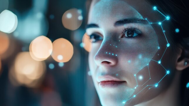 A close-up of a woman's face with digital facial recognition overlay, representing advancements in technology and innovation.
