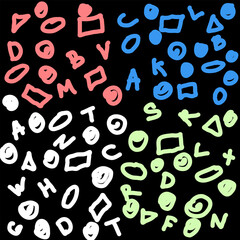 A vibrant and colorful design that prominently features various abstract shapes and letters in multiple hues