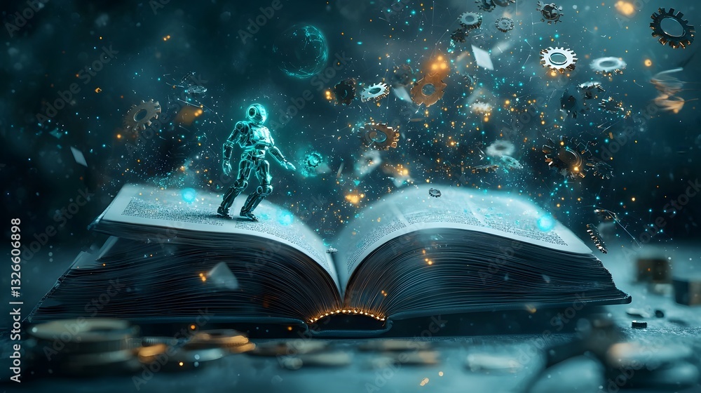 Poster robotic humanoid figures stepping out of the pages of an open futuristic digital book surrounded by 