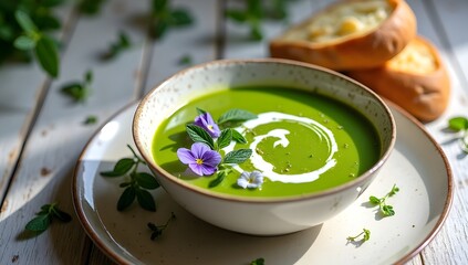 A fresh spring soup with bright colors and rustic plating. AI-Generated.	