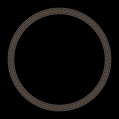 Round frame with gold Greek key meanders on black background. Patterns of Ancient Greece, ancient Rome Empire. Round frame with greek ornament. European border. Template for laser cutting, embroidery