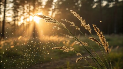Obraz premium Micro petals background Golden sunlight filters through grass in a serene forest setting. Abstract micro flower.