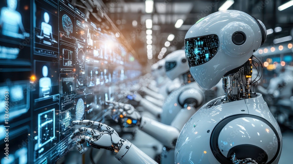 Poster advanced robots interacting with digital displays in a modern factory