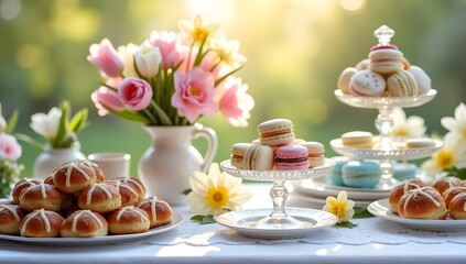 Elegant Easter brunch with pastel treats and flowers. AI-Generated.	