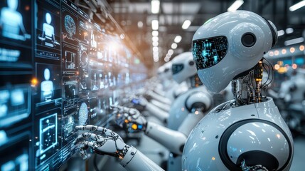 Fototapeta premium Advanced Robots Interacting with Digital Displays in a Modern Factory
