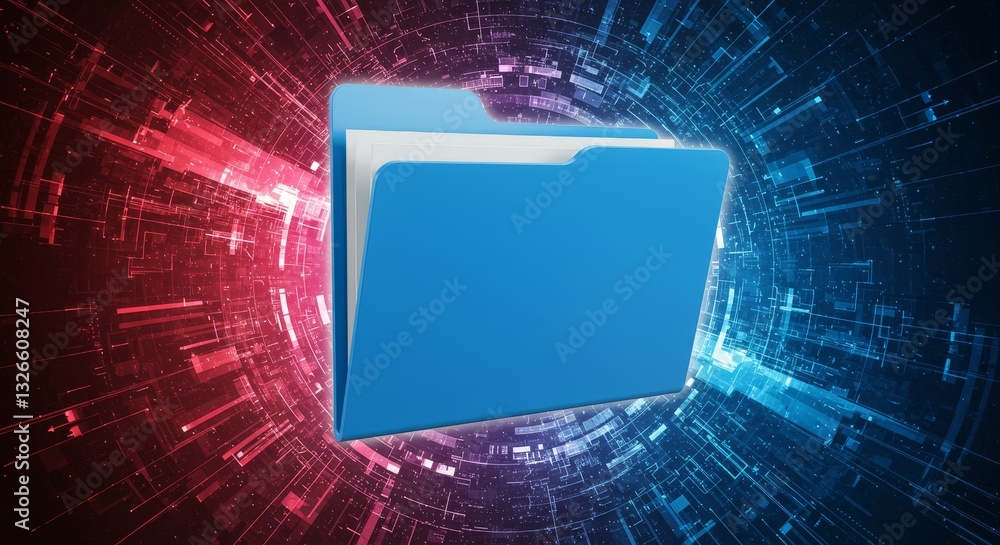 Poster file storage concept - blue folder icon on abstract background, representing data storage, security,