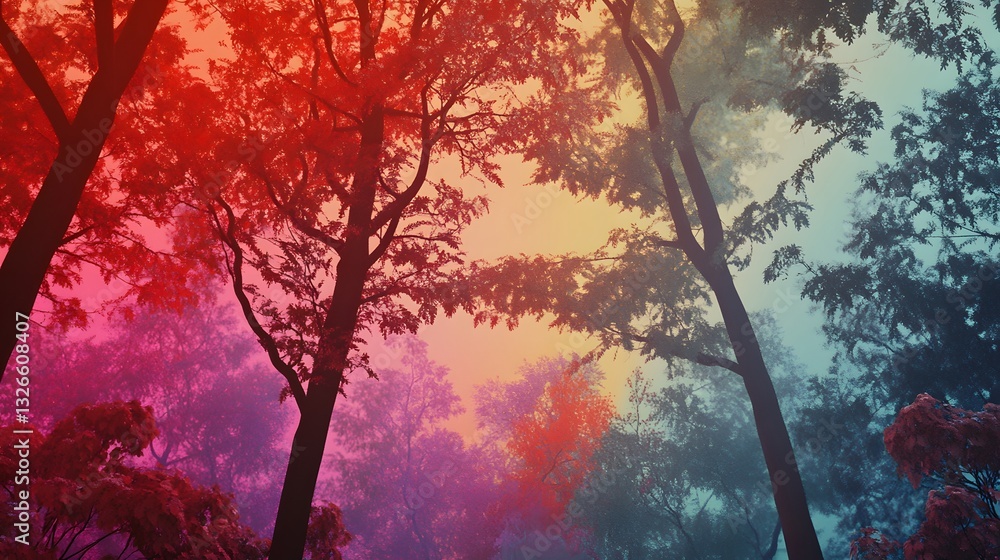 Poster surreal forest with colorful fog and trees creating dreamlike atmosphere