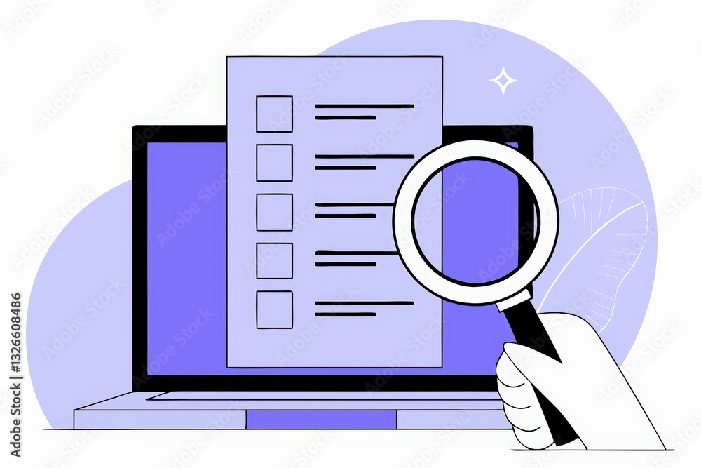 Poster a hand holds a magnifying glass over a computer screen displaying a checklist, symbolizing digital o