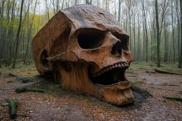 Naklejka premium Giant skull sculpture made from a large tree trunk in an enchanted forest during autumn