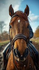 Obraz premium A brown horse stands with its head pushed forward, wearing a bridle. A rider is partially visible behind it, set against a backdrop of autumn foliage and snowflakes