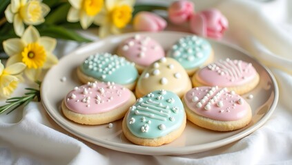 Fototapeta premium Hand-decorated pastel Easter cookies with intricate details. AI-Generated. 
