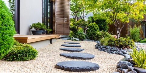 Modern Japanese Garden Pathway with Stone Slabs and Greenery