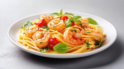 A beautifully illustrated plate of shrimp pasta with a creamy garlic sauce.
