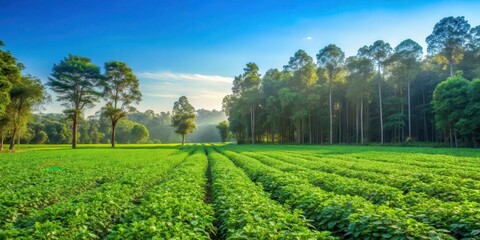 Naklejka premium Green Gram crop in a field with lush plants growing, surrounded by tall trees and a clear blue sky