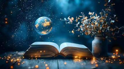 Naklejka premium An open book unfolds into a captivating floating globe revealing a world of glowing landmarks drifting continents and enchanting pathways connecting diverse regions in a magical dreamlike landscape
