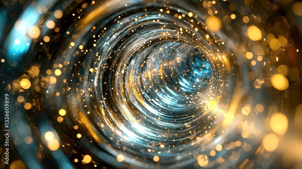 Poster glimmering tunnel of light with swirling particles and sparkles