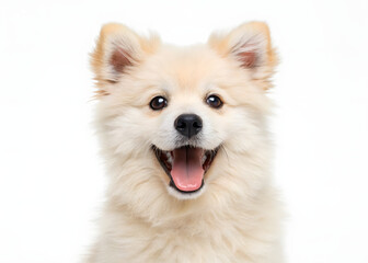 cheerful fluffy dog with its mouth wide open, expressing joy and excitement. laughter humor